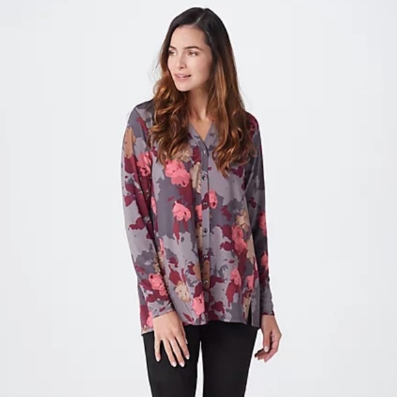 H by Halston Printed Jet Set Button Front Blouse/ Tunic Size Medium - Picture 1 of 10
